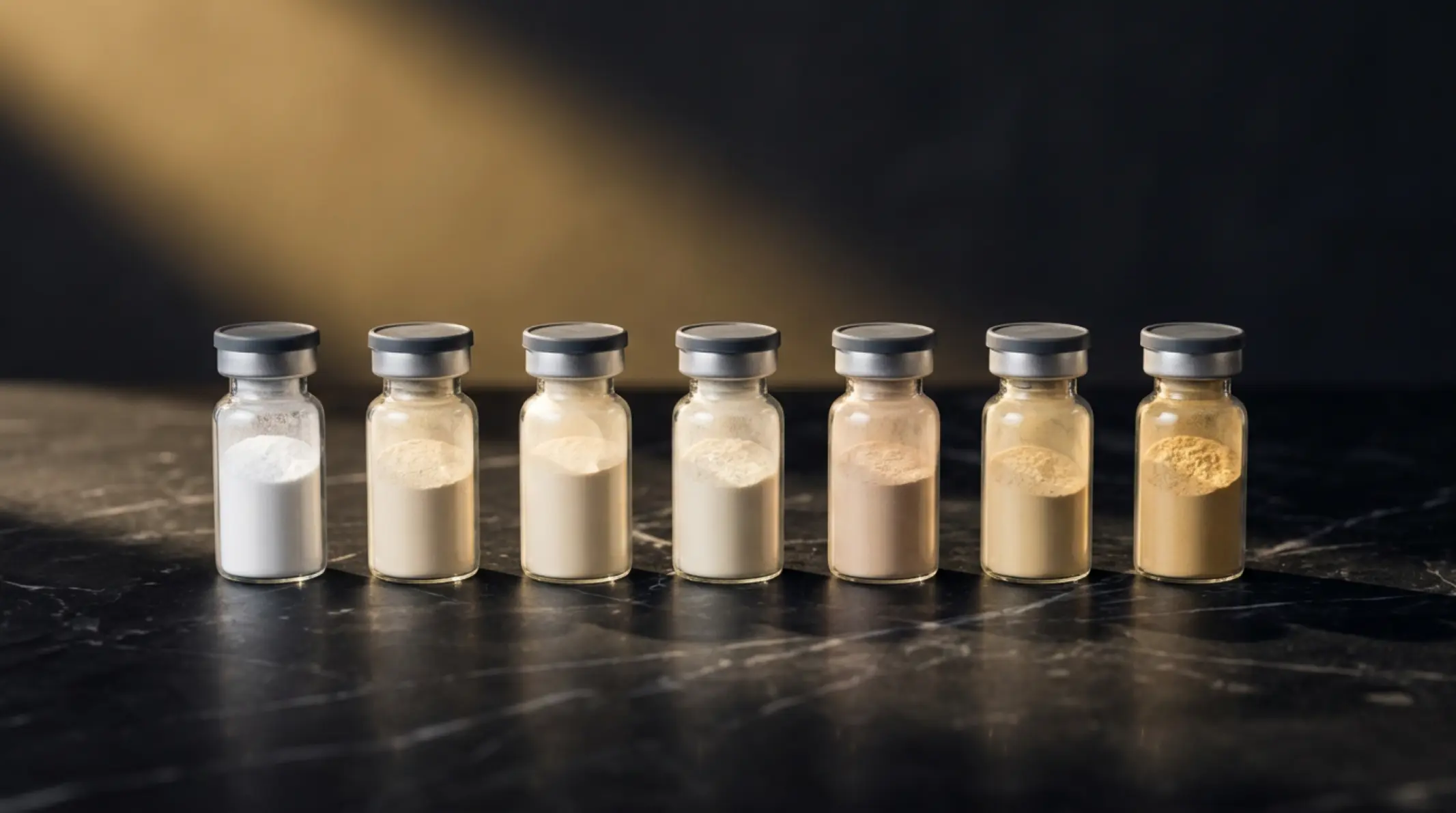 Siete frascos de materia prima sobre superficie de laboratorio en carbón oscuro con luz dorada lateral, composición minimalista
