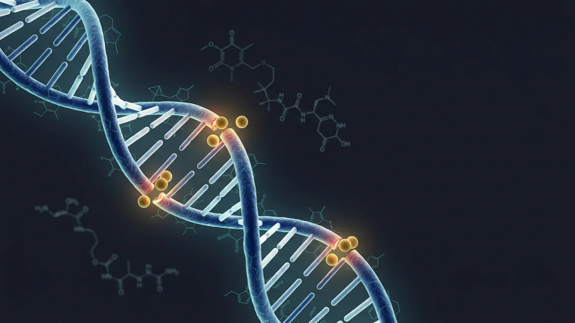Representación molecular de antioxidantes protegiendo el ADN espermático, fondo oscuro carbón con destellos dorados y estructuras moleculares en azul clínico