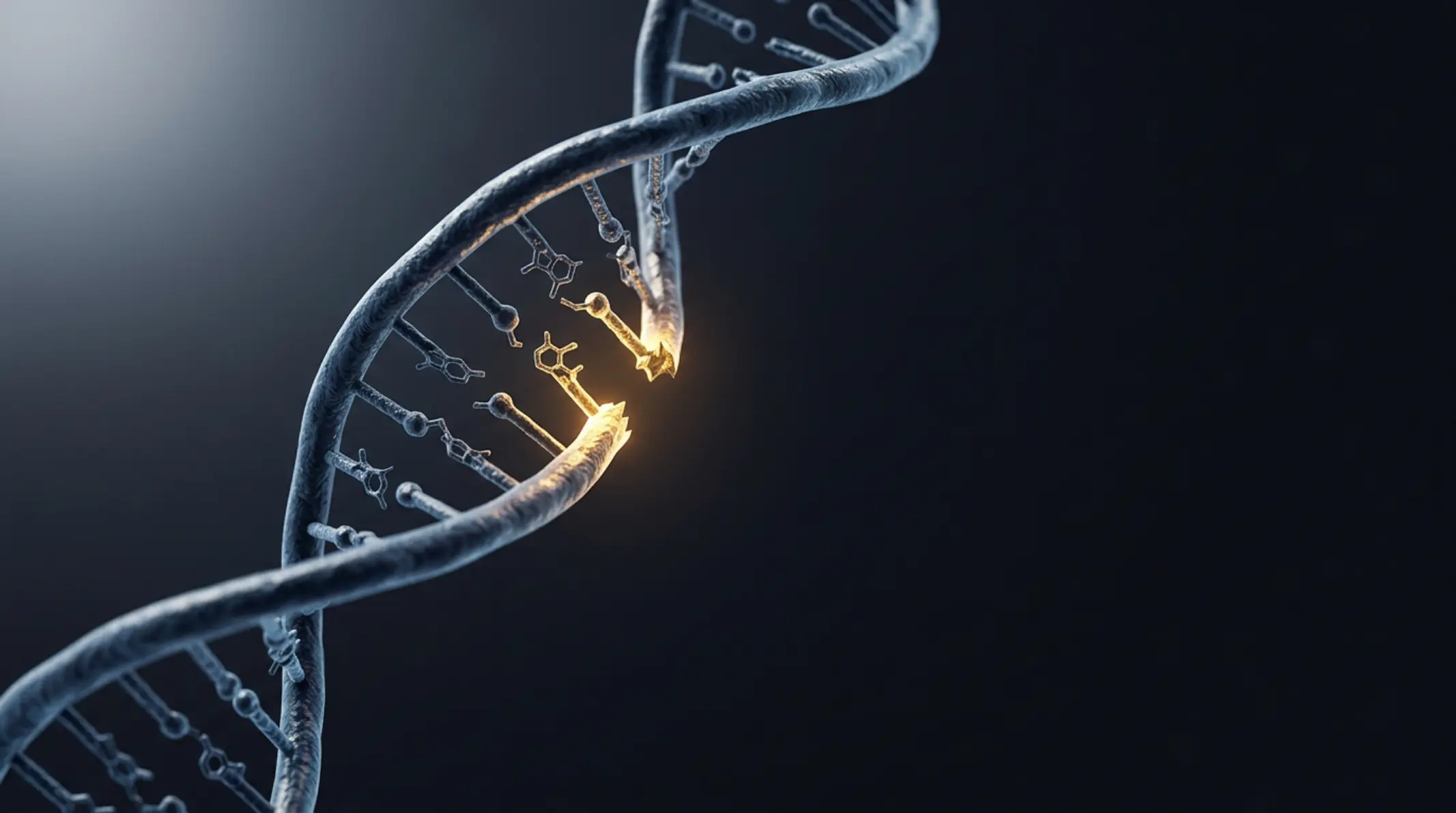 Representación molecular de cadena de ADN con roturas, sobre fondo oscuro con destellos dorados y luz clínica directa