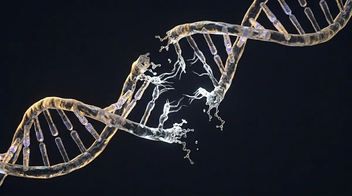Representación molecular de radicales libres atacando la membrana de un espermatozoide, fondo oscuro carbón con destellos dorados y luz clínica directa