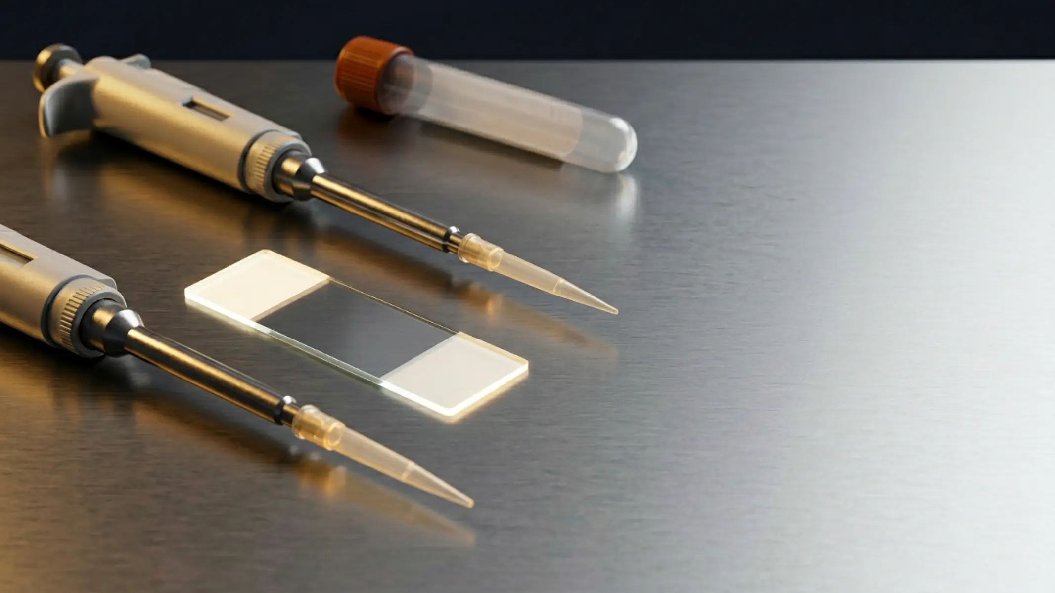 Laboratorio de andrología clínica con equipamiento de análisis seminal sobre fondo oscuro con luz dorada lateral